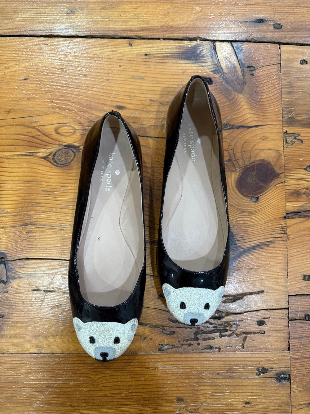 kate spade Black Patent Leather Ballet Flats with Glitter Bear Toes Size 7 M